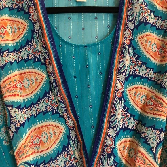 Chico's Teal and Navy Patterned Top - Picture 3 of 8